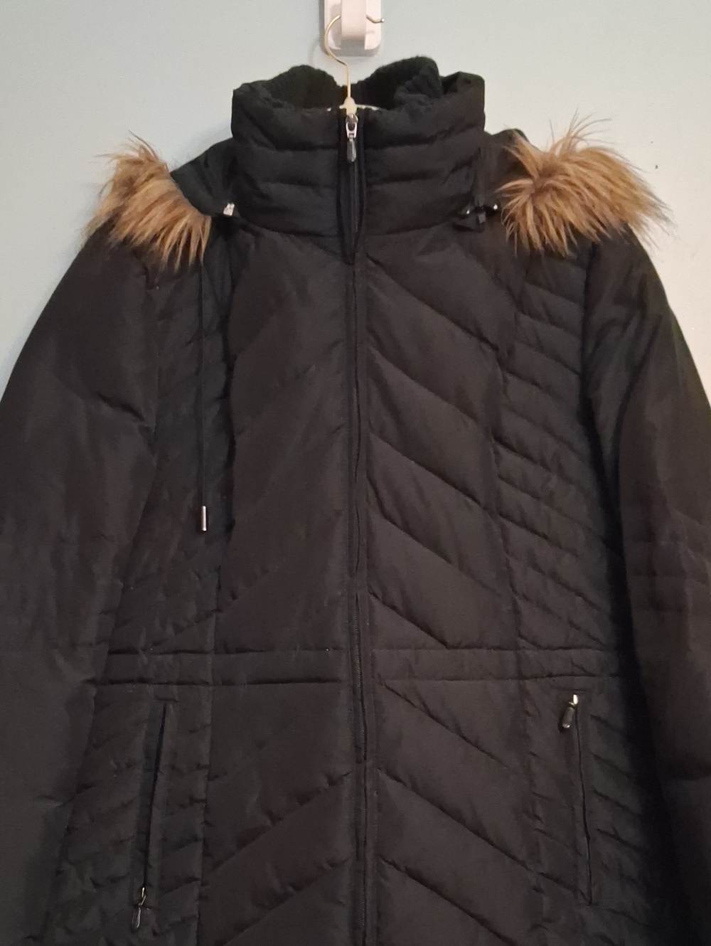 Kenneth Cole Reaction Women Size XL Black Quilted Puffer Coat with Faux Fur Trim